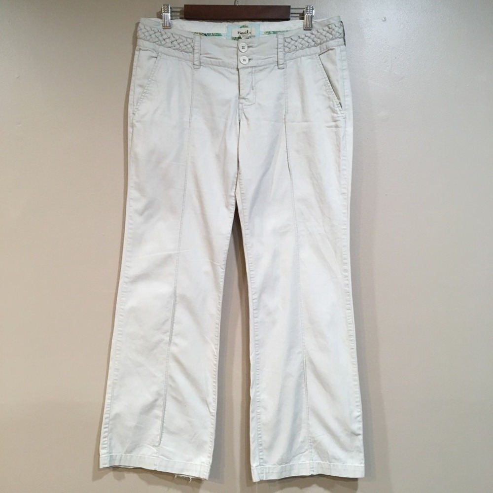 Vtg Y2K Fossil Khaki Pants Women 12 Boot Cut Flare Beige Cream Preppy Distressed